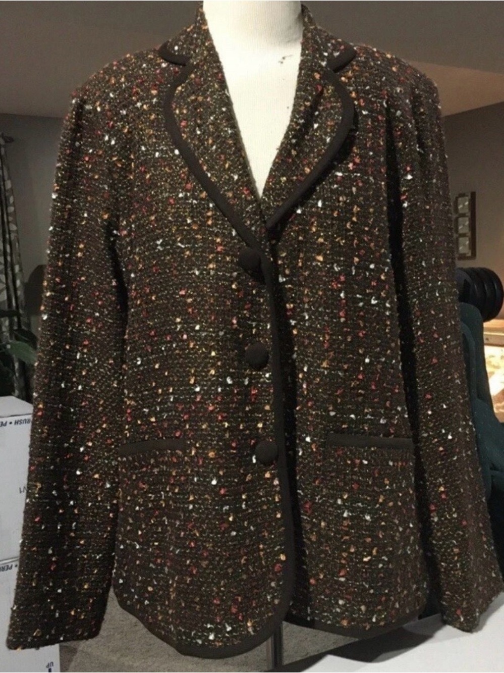 Susan Graver Women’s Suit Blazer Size Large Brown Base Colorful Stitching